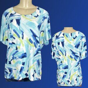 JM Collection + 0X Blue Paint Splash Jaquard Knit Crew Neckline Short Sleeve Top